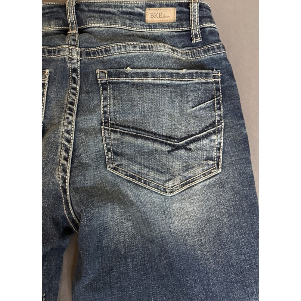 BKE Stella Jeans Womens 29X31.5  Dark Blue Mid Rise Slim Straight Leg Distressed - Picture 14 of 15